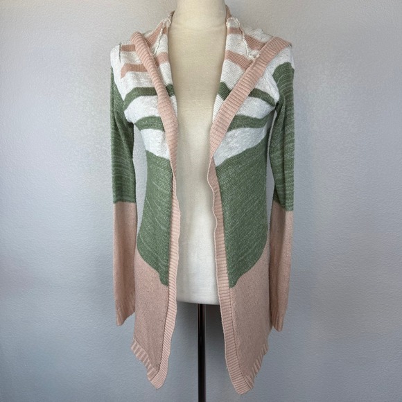 Rue‎ 21 Y2K Women's Hooded Cardigan Sweater Green Pink Stripe Open Long Sleeve - Picture 2 of 5